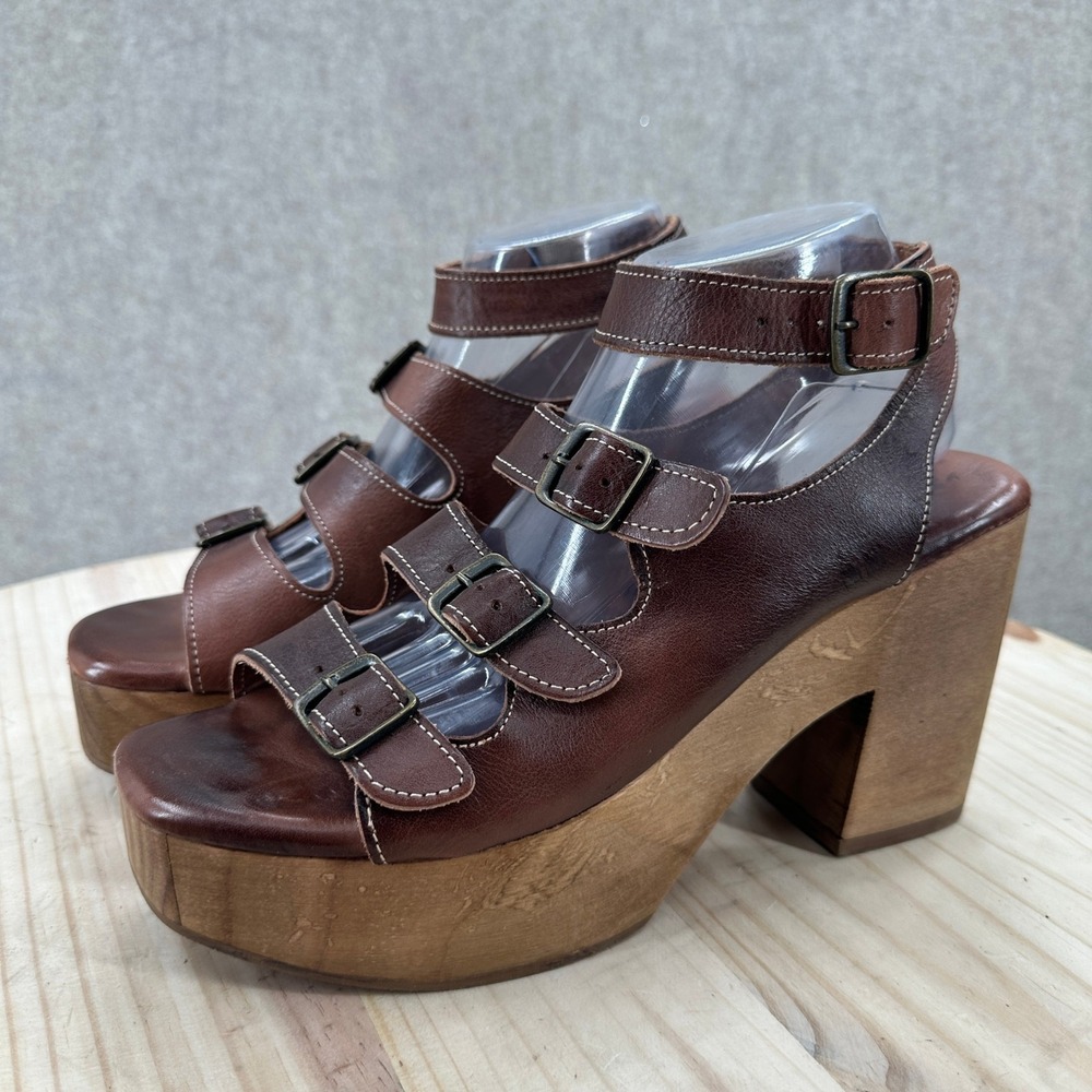 Bed Stu Jordyn Platform Sandals 10 Brown Leather Multi Buckle Wood Block Heel